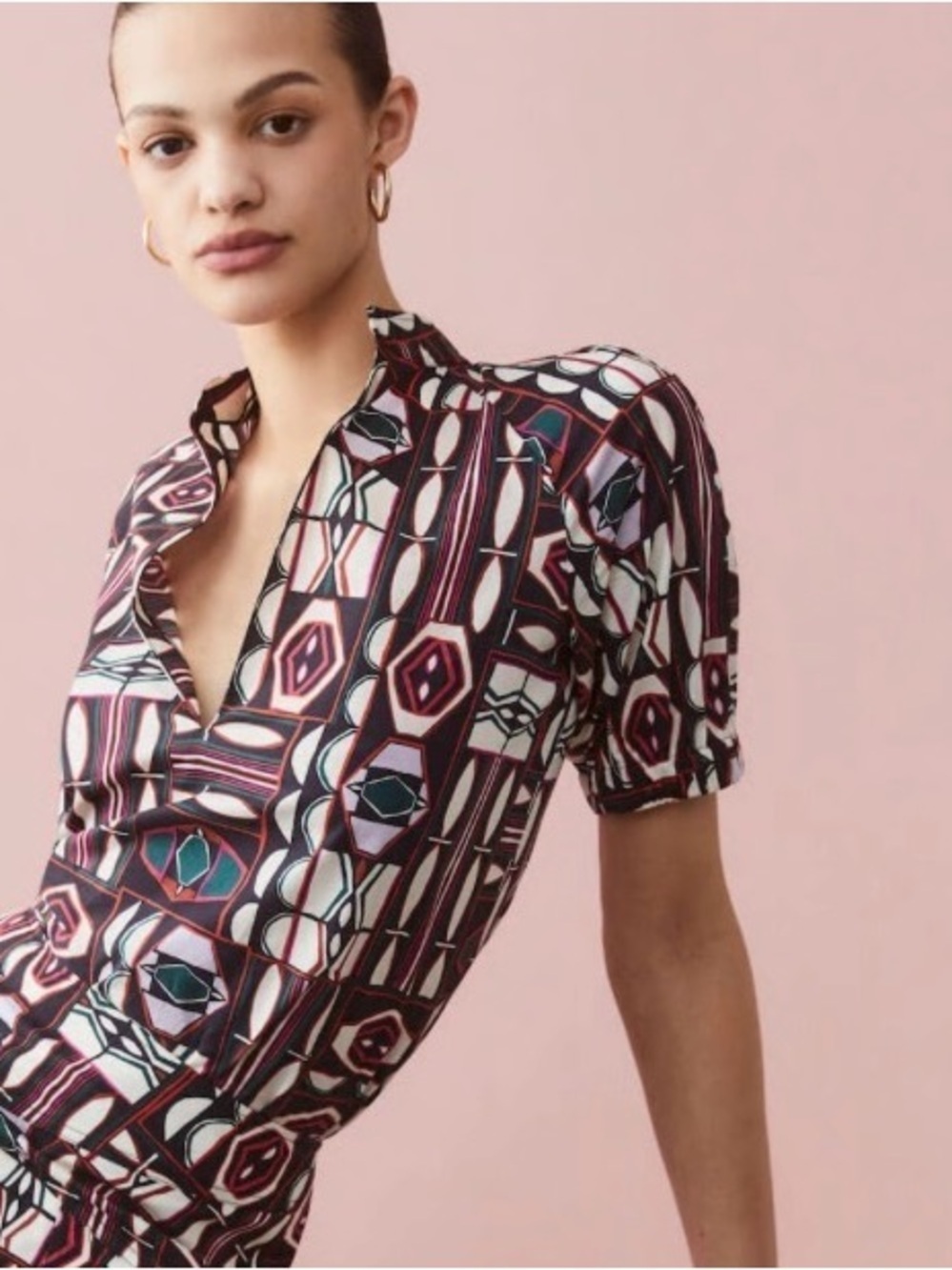 Goop G. Label Printed V-Neck Top featuring a black & red geometric pattern—New!
